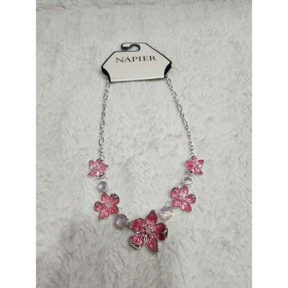 NWT Napier Silver‎ Tone Floral Statement Necklace Pink Enamel Crystal Flower